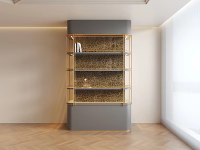 Modern Gray And Gold Bookcase With Glass Shelves And Decorative Items 3d model
