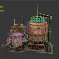 Cartoon Industrial Scene Featuring Large Metal Tanks Orange Platforms Crane Structure And Dark Base