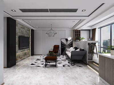 Modern Living Room Interior Design With Gray Sofa Patterned Rug And Chandelier 3d model