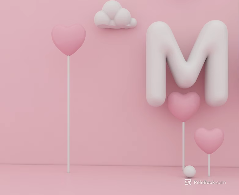 Children's Play Area With Pink Background Heart Shaped Lollipops White Clouds And Letter M 3d model 