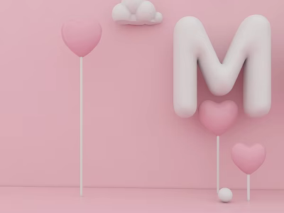 Children's Play Area With Pink Background Heart Shaped Lollipops White Clouds And Letter M 3d model