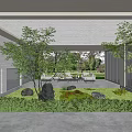 Modern Garden Landscape Design With Lush Green Lawn Trees Decorative Rocks And Outdoor Furniture
