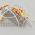 Playground Climbing Equipment With White Metal Frame Orange Yellow Rings Netting And Arched Design