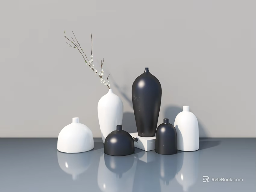 Black And White Decorative Vases With Branches On Smooth Reflective Surface 3d model 