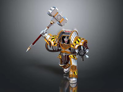 Dynamic Armored Warrior With Giant Hammer And Gold Silver Mechanical Armor 3d model