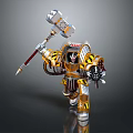 Dynamic Armored Warrior With Giant Hammer And Gold Silver Mechanical Armor