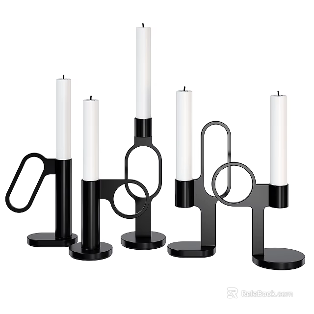 Modern Geometric Decorative Ornament Set with Black Candle Holders and White Candles 3d model 