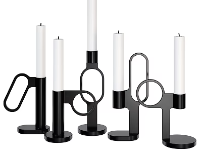 Modern Geometric Decorative Ornament Set with Black Candle Holders and White Candles 3d model