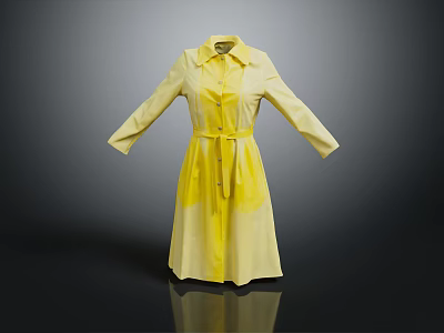 Elegant Yellow Collared Long Sleeved Belted Waist Dress With Timeless Style 3d model