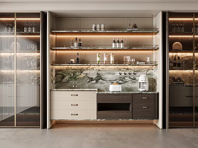 Modern Wine Cabinet With Glass Doors LED Lighting Marble Countertop And Wine Bottles Glassware 3d model