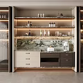 Modern Wine Cabinet With Glass Doors LED Lighting Marble Countertop And Wine Bottles Glassware