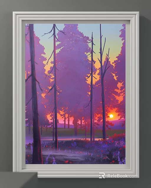 Sunset Landscape Painting With Tall Trees Purple Sky And Orange Sunset Glow 3d model 