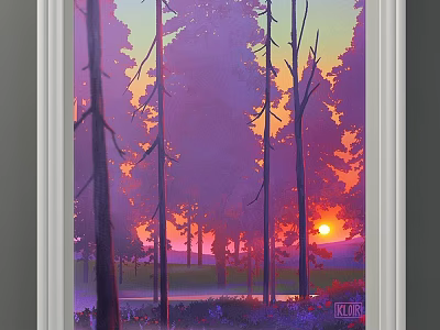 Sunset Landscape Painting With Tall Trees Purple Sky And Orange Sunset Glow 3d model
