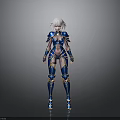 3D Rendered Female Warrior With Blue And Gold Armor And White Hair