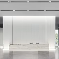 Modern Reception Desk Interior Design With Marble Counter White Backdrop Wall And Spacious Lobby Area
