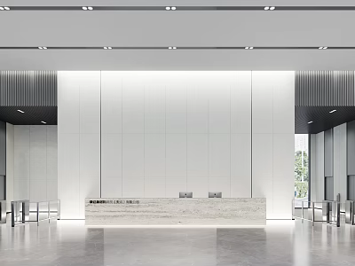 Modern Reception Desk Interior Design With Marble Counter White Backdrop Wall And Spacious Lobby Area 3d model