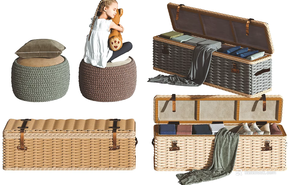 Multifunctional Wicker Storage Furniture with Ottoman Chests and Layered Design for Organizing Blankets 3d model 