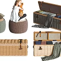 Multifunctional Wicker Storage Furniture with Ottoman Chests and Layered Design for Organizing Blankets