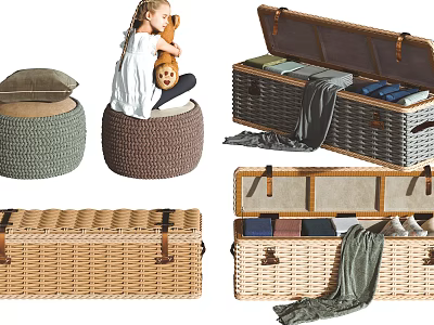 Multifunctional Wicker Storage Furniture with Ottoman Chests and Layered Design for Organizing Blankets 3d model