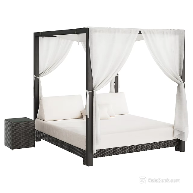 Rattan Four Poster Double Bed With White Canopy Curtains Mattress And Side Nightstand 3d model 