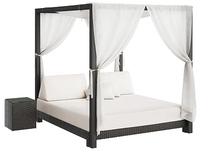 Rattan Four Poster Double Bed With White Canopy Curtains Mattress And Side Nightstand 3d model