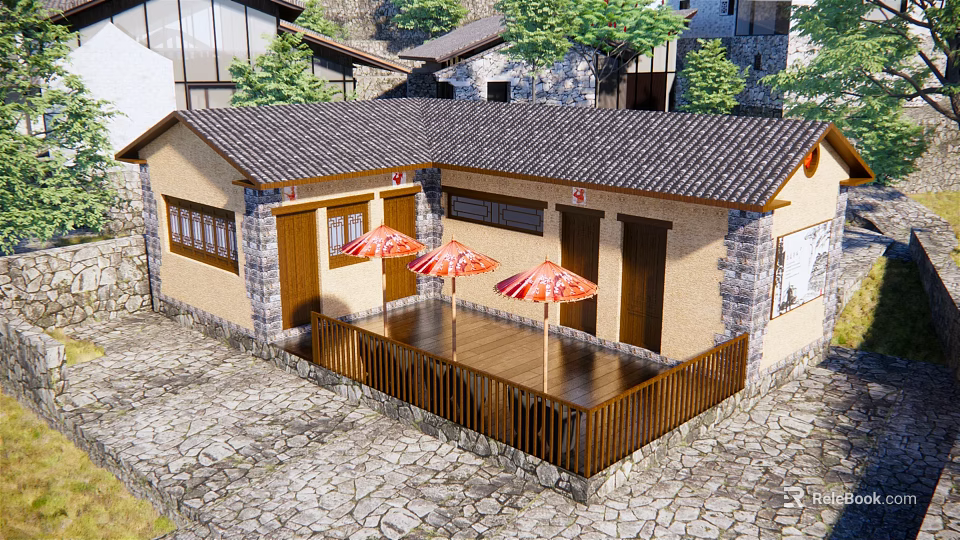 Traditional Cottage Featuring Stone Walls Wooden Roof And Red Umbrellas On Wooden Terrace 3d model 