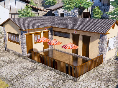 Traditional Cottage Featuring Stone Walls Wooden Roof And Red Umbrellas On Wooden Terrace 3d model