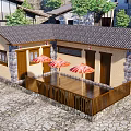 Traditional Cottage Featuring Stone Walls Wooden Roof And Red Umbrellas On Wooden Terrace