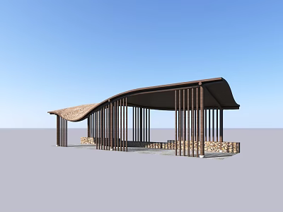 Wooden Garden Ornament With Curved Roof Pillars And Stone Decoration Structure 3d model