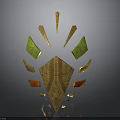 Golden Shield Shaped Weapon With Green Orange Accents And Intricate Metallic Texture Design