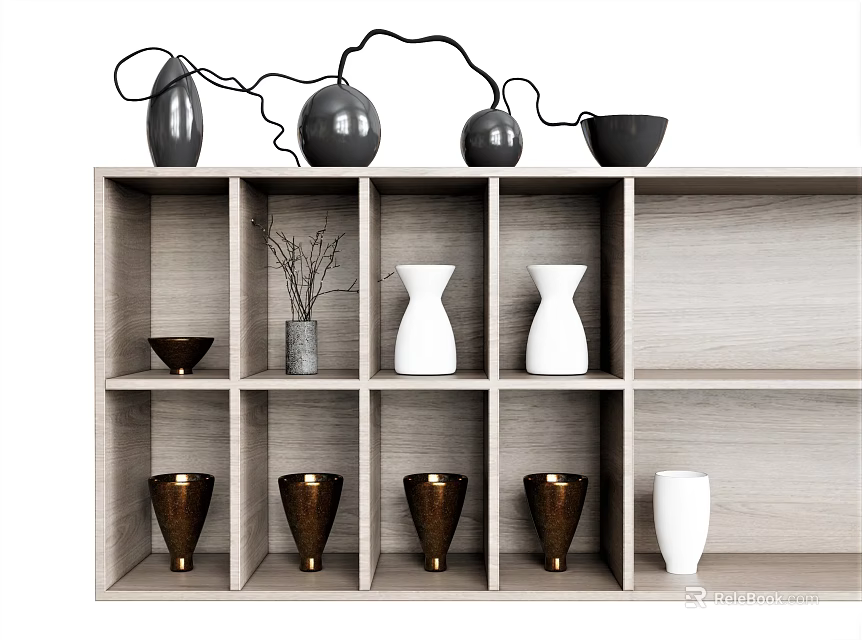 Decorative Vases In Various Colors On Wooden Shelf With Compartments And Dried Branches 3d model 