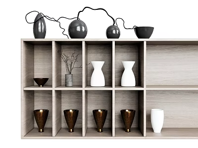 Decorative Vases In Various Colors On Wooden Shelf With Compartments And Dried Branches 3d model