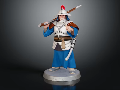 Traditional Warrior Statue In Blue Robe With Red Top Hat Holding Long Pole Weapon 3d model