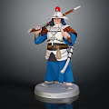 Traditional Warrior Statue In Blue Robe With Red Top Hat Holding Long Pole Weapon