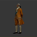 Man in Historical Orange Coat With Green Sash White Stockings Black Shoes On Grey Background