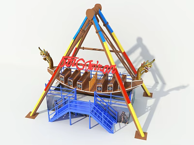 Dragon Themed Ship Shaped Amusement Ride With Blue Stairs And Dragon Head Decorations 3d model