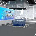 Modern Tech Exhibition Hall With Central Holographic Projection Column And Interactive Displays