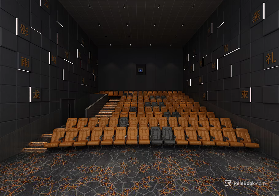 Modern Cinema Interior Design With Comfortable Seats Screen Warm Lighting And Patterned Carpet 3d model 