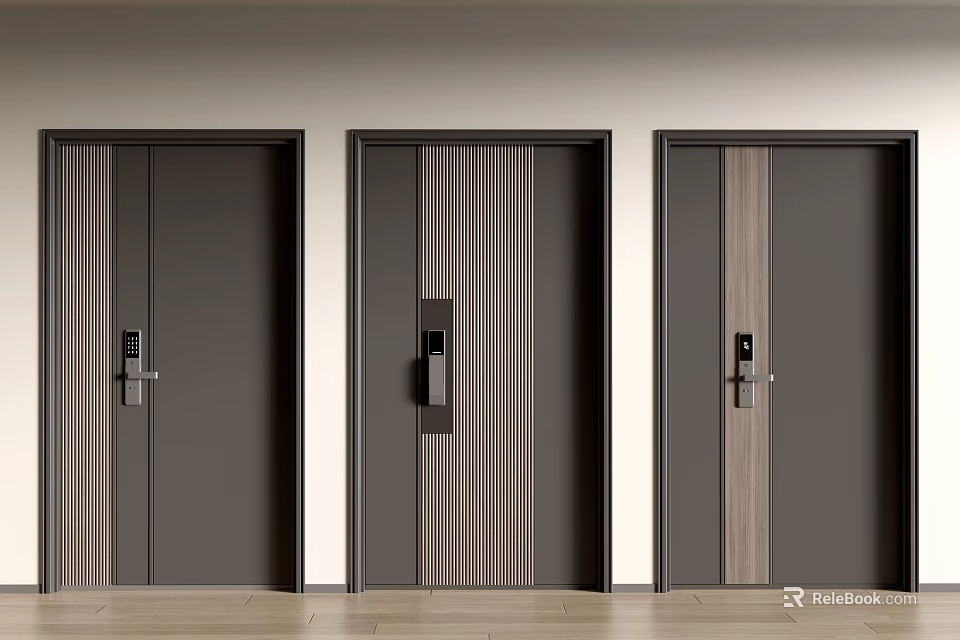 Modern Hinged Doors With Wooden Stripe Design And Sleek Metal Handles 3d model 
