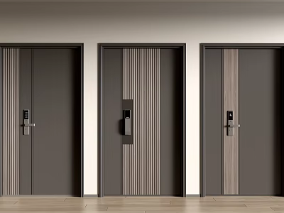 Modern Hinged Doors With Wooden Stripe Design And Sleek Metal Handles 3d model