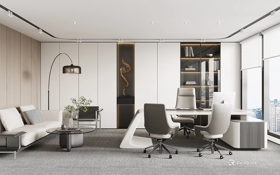 Modern Office Interior With Sofa Coffee Table And Executive Workstations 3d model