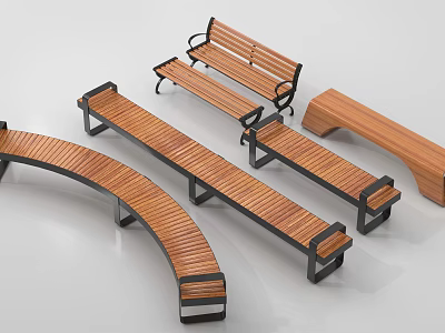 Outdoor Benches With Wooden Seats Metal Frames Curved And Straight Modern Designs 3d model
