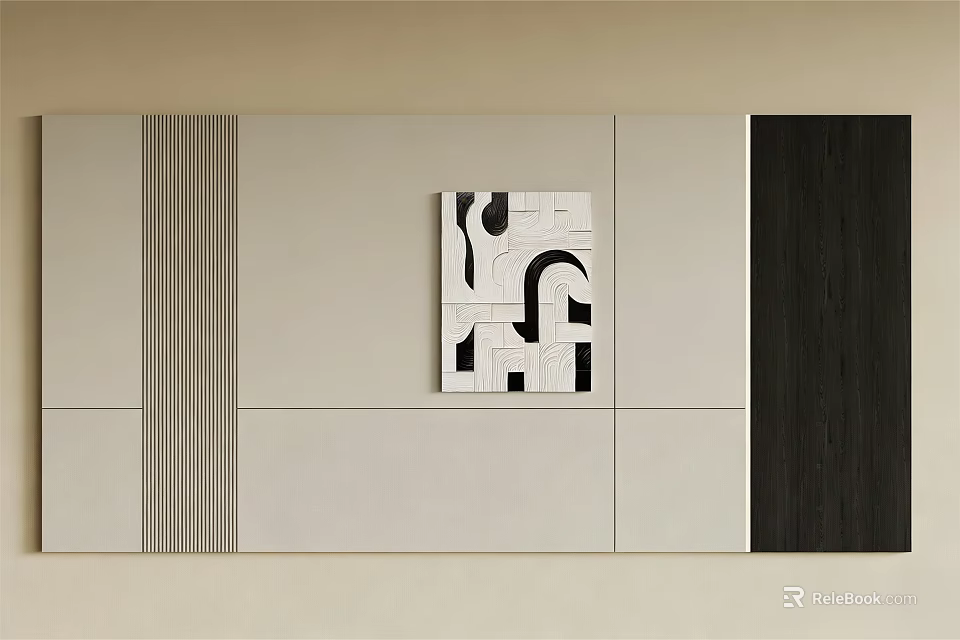 Modern Background Wall Design With Beige Black Panels Vertical Stripes And Geometric Art 3d model 
