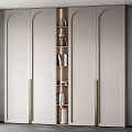 Modern Light Beige Wardrobe With Symmetric Doors Open Shelves And Decorative Items