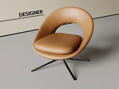 Designer Brown Leather Leisure Chair With Modern Metal Legs And Curved Back 3d model