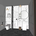 Modern Bathroom Interior With Marble Walls Round Mirror Black Metal Accents And White Fixtures