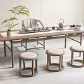 Modern Tea Table with Round Cushioned Stools and Tea Set in Minimalist Interior 3d model