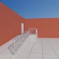 Silver Metal Railing Along Steps With Red Brick Wall White Door And Tile Floor