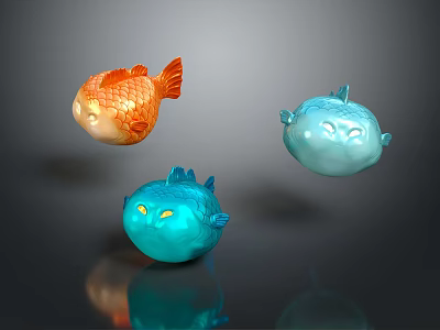 Cute Colorful Aquatic Animals Featuring Orange Fish And Blue Puffer Shapes 3d model
