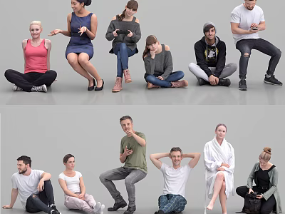 Group of diverse people with various casual outfits and sitting standing poses 3d model
